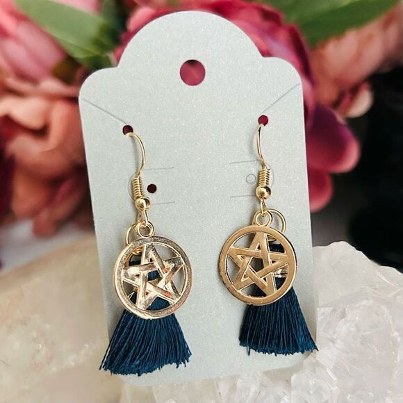 Yellow Gold Pentagram Midnight Blue Tassel Dangle Earrings - Picture 5 of 5